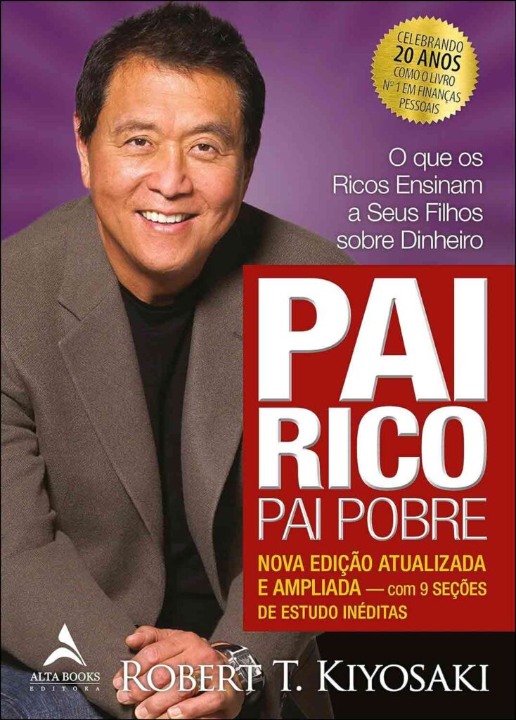 Capa do livro: 'Pai Rico, Pai Pobre' por Robert Kiyosaki. Retrata figuras contrastantes, simbolizando riqueza e orientação financeira.