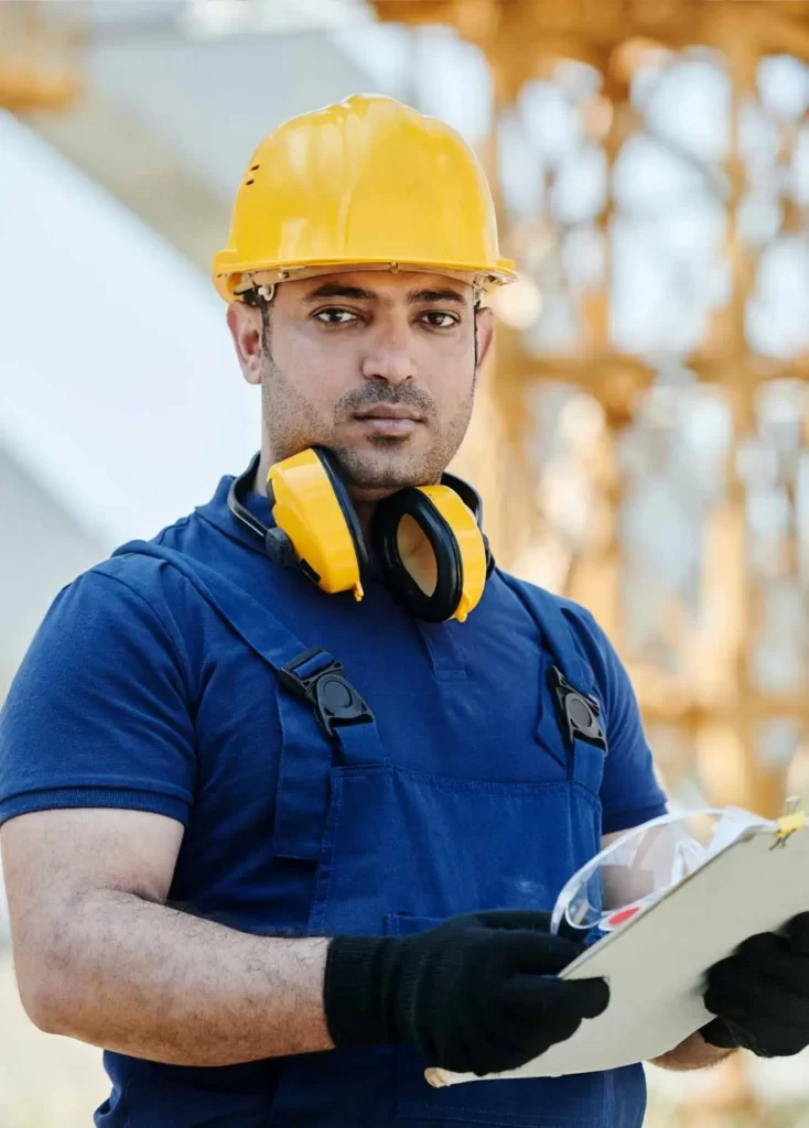 Foto de um homem profissional de construção civil da categoria de colarinho azul. no artigo Colarinho azul vs branco